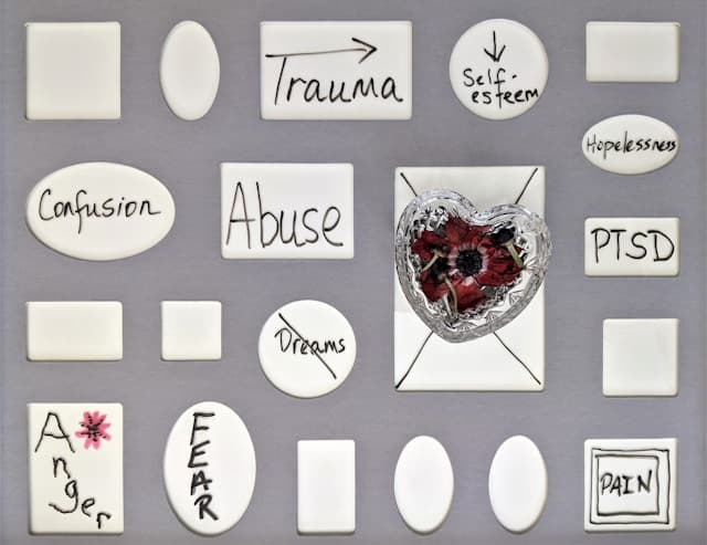 emotional abuse divorce graphic with different stickers and words on it like trauma, abuse, etc.